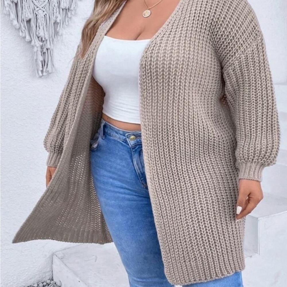 Open Front Duster Cardigan Oversized Drop Shoulder Khaki‎ Knit Chunky Sweater 7X
